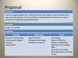 Proposal
Audience
I want to target football fans, mainly the ones who support arsenal. People of all
ages and both genders. The second idea is targeting both cartoon fans as well as
arsenal fans targeting younger generation.
Deadline
Friday 4th October
Schedule
Monday
Research Existing ideas
Create spider diagram
Proposal
Mood board

Wednesday
Digital Flat plan
Complete final design.
Complete Pro forma

Friday
Final design
Export as PNG file
Upload to Redbubble
Add tag on York college
PBM
Send all work to blog
Email Http address of blog
to Guy

 
