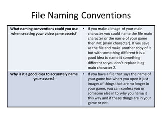 File Naming Conventions
What naming conventions could you use
when creating your video game assets?
• If you make a image of your main
character you could name the file main
character or the name of your game
then MC (main character). If you save
as the file and make another copy of it
but with something different it is a
good idea to name it something
different so you don’t replace it eg.
main character 2.
Why is it a good idea to accurately name
your assets?
• If you have a file that says the name of
your game but when you open it just
images of things that are no longer in
your game, you can confess you or
someone else in to why you name it
this way and if these things are in your
game or not.
 
