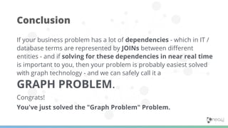 If your business problem has a lot of dependencies - which in IT /
database terms are represented by JOINs between diﬀerent
entities - and if solving for these dependencies in near real time
is important to you, then your problem is probably easiest solved
with graph technology - and we can safely call it a
GRAPH PROBLEM.
Congrats!
You've just solved the "Graph Problem" Problem.
Conclusion
 