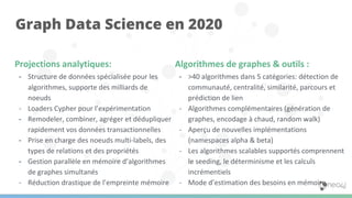 Graph Data Science en 2020
Projections analytiques:
- Structure de données spécialisée pour les
algorithmes, supporte des milliards de
noeuds
- Loaders Cypher pour l’expérimentation
- Remodeler, combiner, agréger et dédupliquer
rapidement vos données transactionnelles
- Prise en charge des noeuds multi-labels, des
types de relations et des propriétés
- Gestion parallèle en mémoire d’algorithmes
de graphes simultanés
- Réduction drastique de l’empreinte mémoire
Algorithmes de graphes & outils :
- >40 algorithmes dans 5 catégories: détection de
communauté, centralité, similarité, parcours et
prédiction de lien
- Algorithmes complémentaires (génération de
graphes, encodage à chaud, random walk)
- Aperçu de nouvelles implémentations
(namespaces alpha & beta)
- Les algorithmes scalables supportés comprennent
le seeding, le déterminisme et les calculs
incrémentiels
- Mode d’estimation des besoins en mémoire
 