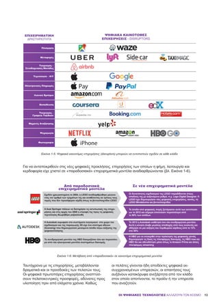 13
Εικόνα 1-5: Ψηφιακά καινοτόμες επιχειρήσεις (disruptors) μπορούν να εντοπιστούν σχεδόν σε κάθε κλάδο
Εικόνα 1-6: Μετάβαση από «παραδοσιακά» σε καινοτόμα επιχειρηματικά μοντέλα
Πλοήγηση
Μεταφορές
Τουρισμός –
Ξενοδοχειακές Μονάδες
Τεχνολογία – Η/Υ
Ηλεκτρονικές Πληρωμές
Λιανικό Εμπόριο
Εκπαίδευση
Τουρισμός –
Γραφεία Ταξιδιών
Μηχανές Αναζήτησης
Ψυχαγωγία
Φωτογραφία
ΨΗΦΙΑΚΆ ΚΑΙΝΟΤΌΜΕΣ
ΕΠΙΧΕΙΡΉΣΕΙΣ - DISRUPTORS
ΕΠΙΧΕΙΡΗΜΑΤΙΚΉ
ΔΡΑΣΤΗΡΙΌΤΗΤΑ
Pay
Για να ανταποκριθούν στις νέες ψηφιακές προκλήσεις, επιχειρήσεις των οποίων η φήμη, λειτουργία και
κερδοφορία είχε χτιστεί σε «παραδοσιακά» επιχειρηματικά μοντέλα αναδιαρθρώνονται (βλ. Εικόνα 1-6).
Ταυτόχρονα με τις επιχειρήσεις, μεταβάλλονται
δραματικά και οι προσδοκίες των πελατών τους.
Οι ψηφιακά πρωτοπόρες επιχειρήσεις αναπτύσ-
σουν πελατοκεντρικές προσφορές, αδύνατες προς
υλοποίηση πριν από ελάχιστα χρόνια. Καθώς
οι πελάτες γίνονται ήδη αποδέκτες ψηφιακά εκ-
συγχρονισμένων υπηρεσιών, οι απαιτήσεις τους
αυξάνουν κατακόρυφα ανεξάρτητα από τον κλάδο
στον οποίο αποτίνονται, το προϊόν ή την υπηρεσία
που αναζητούν.
OΙ ΨΗΦΙΑΚΕΣ ΤΕΧΝΟΛΟΓΙΕΣ ΑΛΛΑΖΟΥΝ ΤΟΝ ΚΟΣΜΟ
iPhone
Από παραδοσιακά
επιχειρηματικά μοντέλα
Σε νέα επιχειρηματικά μοντέλα
Σχεδόν χρεωκοπημένη το 2004, η LEGO αναδιαρθρώθηκε μειώνο-
ντας τον αριθμό των τμημάτων της και αναθέτοντας σε τρίτους τους
τομείς που δεν προσέφεραν κέρδη όπως τα βιντεοπαιχνίδια LEGO
H Αxel Springer πάλευε να διατηρήσει τις εκτυπωτικές της επιχει-
ρήσεις και στις αρχές του 2000 η στροφή της προς τις ψηφιακές
τεχνολογίες θεωρήθηκε ρηξικέλευθη
Οι δυνατότητες σχεδιασμού της LEGO παραδίδονται στους
οπαδούς της με αυξανόμενο ρυθμό, π.χ. Lego Digital Designer. H
LEGO έχει δημιουργήσει νέες ψηφιακές επιχειρήσεις, ταινίες, τη
LEGO Mindstorms και βιντεοπαιχνίδια
Τα έσοδα από ψηφιακές πηγές ξεπέρασαν αυτά των εκτυπώσε-
ων το 2012 και σήμερα αποτελούν περισσότερο από
το 50% των εσόδων.
Η Autodesk κορυφαία στα συστήματα λογισμικού στο χώρο του
σχεδιασμού και της παραγωγής 3D είχε ένα σύστημα αδειών
(licensing) που δημιουργούσε μειούμενα έσοδα λόγω αύξησης της
ψηφιακοποίησης
Το 2013 η Autodesk υιοθέτησε ένα νέο συνδρομητικό μοντέλο.
Αυτή η κίνηση έλαβε μεγάλης αποδοχής από τους αναλυτές και
οδήγησε σε μια αύξηση του περιθωρίου κέρδους από το 13%
στο 30%
Το συνδρομητικό μοντέλο της ΗΒΟ δοκιμαζόταν όλο και περισσότε-
ρο από νέα ηλεκτρονικά μοντέλα συστημάτων διανομής
Η ΗΒΟ για να αποκριθεί στην πρόκληση της ψηφιακής γενιάς
δημιούργησε τις δικές τις πλατφόρμες διανομής, τις ΗΒΟ now και
ΗΒΟ Go και αδειoδότησε μέσα όπως το Amazon Prime και άλλες
πλατφόρμες streaming
 