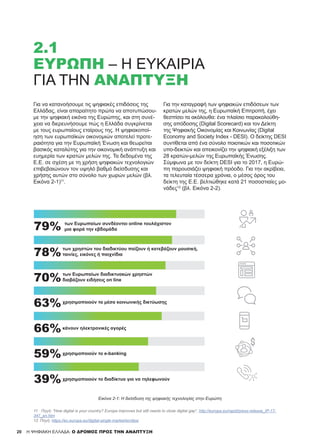 20
Για να κατανοήσουμε τις ψηφιακές επιδόσεις της
Ελλάδας, είναι απαραίτητο πρώτα να αποτυπώσου-
με την ψηφιακή εικόνα της Ευρώπης, και στη συνέ-
χεια να διερευνήσουμε πώς η Ελλάδα συγκρίνεται
με τους ευρωπαίους εταίρους της. H ψηφιακοποί-
ηση των ευρωπαϊκών οικονομιών αποτελεί προτε-
ραιότητα για την Ευρωπαϊκή Ένωση και θεωρείται
βασικός καταλύτης για την οικονομική ανάπτυξη και
ευημερία των κρατών μελών της. Τα δεδομένα της
Ε.Ε. σε σχέση με τη χρήση ψηφιακών τεχνολογιών
επιβεβαιώνουν τον υψηλό βαθμό διείσδυσης και
χρήσης αυτών στο σύνολο των χωρών μελών (βλ.
Εικόνα 2-1)11
.
Για την καταγραφή των ψηφιακών επιδόσεων των
κρατών μελών της, η Ευρωπαϊκή Επιτροπή, έχει
θεσπίσει τα ακόλουθα: ένα πλαίσιο παρακολούθη-
σης απόδοσης (Digital Scorecard) και τον Δείκτη
της Ψηφιακής Οικονομίας και Κοινωνίας (Digital
Economy and Society Index - DESI). Ο δείκτης DESI
συντίθεται από ένα σύνολο ποιοτικών και ποσοτικών
υπο-δεικτών και απεικονίζει την ψηφιακή εξέλιξη των
28 κρατών-μελών της Ευρωπαϊκής Ένωσης.
Σύμφωνα με τον δείκτη DESI για το 2017, η Ευρώ-
πη παρουσιάζει ψηφιακή πρόοδο. Για την ακρίβεια,
τα τελευταία τέσσερα χρόνια, ο μέσος όρος του
δείκτη της Ε.Ε. βελτιώθηκε κατά 21 ποσοστιαίες μο-
νάδες12
(βλ. Εικόνα 2-2).
2.1
ΕΥΡΏΠΗ – Η ΕΥΚΑΙΡΊΑ
ΓΙΑ ΤΗΝ ΑΝΆΠΤΥΞΗ
των Ευρωπαίων συνδέονται online τουλάχιστον
μια φορά την εβδομάδα79%
των χρηστών του διαδικτύου παίζουν ή κατεβάζουν μουσική,
ταινίες, εικόνες ή παιχνίδια78%
των Ευρωπαίων διαδικτυακών χρηστών
διαβάζουν ειδήσεις on line70%
χρησιμοποιούν τα μέσα κοινωνικής δικτύωσης
63%
κάνουν ηλεκτρονικές αγορές
66%
χρησιμοποιούν το e-banking
59%
χρησιμοποιούν το διαδίκτυο για να τηλεφωνούν39%
Εικόνα 2-1: Η διείσδυση της ψηφιακής τεχνολογίας στην Ευρώπη
11	 Πηγή: “How digital is your country? Europe improves but still needs to close digital gap”, http://europa.eu/rapid/press-release_IP-17-
347_en.htm
12	 Πηγή: https://ec.europa.eu/digital-single-market/en/desi
H ΨΗΦΙΑΚΗ ΕΛΛΑΔΑ: Ο ΔΡΟΜΟΣ ΠΡΟΣ ΤΗΝ ΑΝΑΠΤΥΞΗ
 