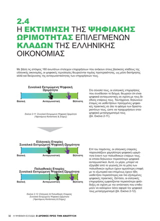 32
Με βάση τις απόψεις 160 ανωτάτων στελεχών επιχειρήσεων που ανήκουν στους βασικούς κλάδους της
ελληνικής οικονομίας, οι ψηφιακές τεχνολογίες θεωρούνται τομέας προτεραιότητας, ως μέσο διατήρησης
αλλά και διεύρυνσης της ανταγωνιστικότητας των επιχειρήσεών τους.
Στο σύνολό τους, οι ελληνικές επιχειρήσεις
που συνέθεσαν το δείγμα, θεωρούν ότι είναι
ψηφιακά ανταγωνιστικές σε σχέση με τους δι-
εθνείς εταίρους τους. Ταυτόχρονα, δηλώνουν
έτοιμες να υιοθετήσουν προηγμένες ψηφια-
κές πρακτικές σε όλο το φάσμα των δραστη-
ριοτήτων τους, ώστε να προχωρήσουν στον
ψηφιακό μετασχηματισμό τους
(βλ. Εικόνα 2-11).
Επί του παρόντος, οι ελληνικές εταιρείες
παρουσιάζουν χαμηλότερη ψηφιακή ωριμό-
τητα έναντι των πολυεθνικών εταίρων τους,
οι οποίοι δηλώνουν περισσότερο ψηφιακά
ανταγωνιστικοί. Αυτό, εν μέρει, μπορεί να
εξηγηθεί από το γεγονός ότι τα μέλη των
πολυεθνικών ομίλων έχουν αμεσότερη επαφή
με το εξωτερικό και επομένως έχουν ήδη
υιοθετήσει περισσότερες και πιο εξελιγμένες
ψηφιακές πρακτικές. Ωστόσο, οι ελληνικές
επιχειρήσεις εμφανίζονται περισσότερο φιλό-
δοξες σε σχέση με την απόσταση που επιθυ-
μούν να καλύψουν όσον αφορά τον ψηφιακό
τους μετασχηματισμό (βλ. Εικόνα 2-12).
2.4
Η ΕΚΤΊΜΗΣΗ ΤΗΣ ΨΗΦΙΑΚΉΣ
ΩΡΙΜΌΤΗΤΑΣ ΕΠΙΛΕΓΜΈΝΩΝ
ΚΛΆΔΩΝ ΤΗΣ ΕΛΛΗΝΙΚΉΣ
ΟΙΚΟΝΟΜΊΑΣ
H ΨΗΦΙΑΚΗ ΕΛΛΑΔΑ: Ο ΔΡΟΜΟΣ ΠΡΟΣ ΤΗΝ ΑΝΑΠΤΥΞΗ
Εικόνα 2-11: Συνολικά Εκτιμώμενη Ψηφιακή Ωριμότητα
(Υφιστάμενη Κατάσταση & Στόχος)
Εικόνα 2-12: Ελληνικές & Πολυεθνικές Εταιρείες
Συνολικά Εκτιμώμενη Ψηφιακή Ωριμότητα
(Υφιστάμενη Κατάσταση & Στόχος)
Βασική Ανταγωνιστική Βέλτιστη
Βασική Ανταγωνιστική Βέλτιστη
Βασική Ανταγωνιστική Βέλτιστη
 
