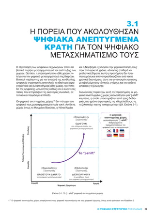 39
3.1
Η ΠΟΡΕΊΑ ΠΟΥ ΑΚΟΛΟΎΘΗΣΑΝ
ΨΗΦΙΑΚΆ ΑΝΕΠΤΥΓΜΈΝΑ
ΚΡΆΤΗ ΓΙΑ ΤΟΝ ΨΗΦΙΑΚΌ
ΜΕΤΑΣΧΗΜΑΤΙΣΜΌ ΤΟΥΣ
Η αξιοποίηση των ψηφιακών τεχνολογιών αποτελεί
βασικό πυρήνα μετασχηματισμού και ανάπτυξης των
χωρών. Ωστόσο, η στρατηγική που κάθε χώρα επι-
λέγει για τον ψηφιακό μετασχηματισμό της διαφέρει.
Βασικοί παράγοντες για την επιλογή της κατάλληλης
ψηφιακής στρατηγικής αποτελούν τα ιδιαίτερα χαρα-
κτηριστικά και δυνατά σημεία κάθε χώρας, το επίπε-
δο της ψηφιακής ωριμότητας καθώς και οι ευρύτερες
τάσεις που επηρεάζουν τις οικονομίες συνολικά, σε
τοπικό και παγκόσμιο επίπεδο.
Οι ψηφιακά ανεπτυγμένες χώρες17
δεν πέτυχαν τον
ψηφιακό τους μετασχηματισμό εν μία νυκτί. Αντίθετα,
χώρες όπως το Ηνωμένο Βασίλειο, η Νότια Κορέα
και η Νορβηγία, ξεκίνησαν την ψηφιακοποίηση τους
πριν από αρκετά χρόνια, κάνοντας σταθερά και
ρεαλιστικά βήματα. Αυτή η προσέγγιση δεν ήταν
παγιωμένη και επαναπροσδιοριζόταν ανά τακτά
χρονικά διαστήματα, ώστε να ανταποκρίνεται στους
μεταβαλλόμενους εθνικούς στόχους και να υιοθετεί
ψηφιακές τεχνολογίες.
Αναλύοντας περαιτέρω αυτή την προσέγγιση, οι ψη-
φιακά ανεπτυγμένες χώρες ακολούθησαν μία “j-shift”
καμπύλη, η οποία υποστηριζόταν από τρεις διαδο-
χικές στο χρόνο στρατηγικές: τις «θεμελιώδεις», τις
«εξελικτικές» και τις «στοχευμένες» (βλ. Eικόνα 3-1).
Η ΨΗΦΙΑΚΗ ΣΤΡΑΤΗΓΙΚΗ ΤΗΣ ΕΛΛΑΔΑΣ
17	 Οι ψηφιακά ανεπτυγμένες χώρες αναφέρονται στους ψηφιακά πρωτοπόρους και τους ψηφιακά ώριμους, όπως αυτοί ορίστηκαν στο Κεφάλαιο 2.
Εικόνα 3-1: Το “j - shift” ψηφιακά ανεπτυγμένων χωρών
Ψηφιακή Ωριμότητα
ΡαγδαίοςΧαμηλός
Χαμηλή
Οι ψηφιακά
ανεπτυγμένες χώρες
ακολούθησαν μία “j -shift”
διαδρομή για να
πραγματοποιήσουν τον
ψηφιακό τους μετασχηματισμό
Το “j-shift”
Υψηλή
«Θεμελιώδεις»
Στρατηγικές
ΚΑΘΙΣΤΟΥΝ ΔΥΝΑΤΟ
τον ψηφιακό μετασχηματισμό
«Εξελικτικές»
Στρατηγικές
ΔΙΕΥΚΟΛΥΝΟΥΝ
τη μετάβαση προς
τον ψηφιακό μετασχηματισμό
«Στοχευμένες»
Στρατηγικές
ΟΔΗΓΟΥΝ
στο επόμενο στάδιο του
ψηφιακού μετασχηματισμού
ΡυθμόςΤεχνολογικήςΕξέλιξης
 