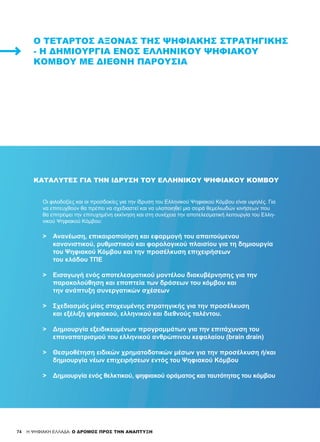 74 H ΨΗΦΙΑΚΗ ΕΛΛΑΔΑ: Ο ΔΡΟΜΟΣ ΠΡΟΣ ΤΗΝ ΑΝΑΠΤΥΞΗ
ΚΑΤΑΛΎΤΕΣ ΓΙΑ ΤΗΝ ΊΔΡΥΣΗ ΤΟΥ ΕΛΛΗΝΙΚΟΎ ΨΗΦΙΑΚΟΎ ΚΌΜΒΟΥ
Ο ΤΈΤΑΡΤΟΣ ΆΞΟΝΑΣ ΤΗΣ ΨΗΦΙΑΚΉΣ ΣΤΡΑΤΗΓΙΚΉΣ
- Η ΔΗΜΙΟΥΡΓΊΑ ΕΝΌΣ ΕΛΛΗΝΙΚΟΎ ΨΗΦΙΑΚΟΎ
ΚΌΜΒΟΥ ΜΕ ΔΙΕΘΝΉ ΠΑΡΟΥΣΊΑ
Οι φιλοδοξίες και οι προσδοκίες για την ίδρυση του Ελληνικού Ψηφιακού Κόμβου είναι υψηλές. Για
να επιτευχθούν θα πρέπει να σχεδιαστεί και να υλοποιηθεί μια σειρά θεμελιωδών κινήσεων που
θα επιτρέψει την επιτυχημένη εκκίνηση και στη συνέχεια την αποτελεσματική λειτουργία του Ελλη-
νικού Ψηφιακού Κόμβου:
>	 Ανανέωση, επικαιροποίηση και εφαρμογή του απαιτούμενου
	 κανονιστικού, ρυθμιστικού και φορολογικού πλαισίου για τη δημιουργία
	 του Ψηφιακού Κόμβου και την προσέλκυση επιχειρήσεων
	 του κλάδου ΤΠΕ
>	 Εισαγωγή ενός αποτελεσματικού μοντέλου διακυβέρνησης για την
	 παρακολούθηση και εποπτεία των δράσεων του κόμβου και
	 την ανάπτυξη συνεργατικών σχέσεων
>	 Σχεδιασμός μίας στοχευμένης στρατηγικής για την προσέλκυση
	 και εξέλιξη ψηφιακού, ελληνικού και διεθνούς ταλέντου.
>	 Δημιουργία εξειδικευμένων προγραμμάτων για την επιτάχυνση του
	 επαναπατρισμού του ελληνικού ανθρώπινου κεφαλαίου (brain drain)
>	 Θεσμοθέτηση ειδικών χρηματοδοτικών μέσων για την προσέλκυση ή/και
	 δημιουργία νέων επιχειρήσεων εντός του Ψηφιακού Κόμβου
>	 Δημιουργία ενός θελκτικού, ψηφιακού οράματος και ταυτότητας του κόμβου
 