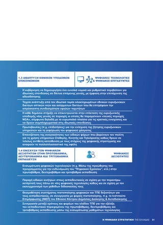 81
1.3 ΑΝΆΠΤΥΞΗ ΕΘΝΙΚΏΝ ΥΠΟΔΟΜΏΝ
ΕΠΙΚΟΙΝΩΝΙΏΝ
ΨΗΦΙΑΚΈΣ ΤΕΧΝΟΛΟΓΊΕΣ
& ΨΗΦΙΑΚΟΊ ΕΠΙΤΑΧΥΝΤΈΣ
Η κυβέρνηση να δημιουργήσει ένα ευνοϊκό νομικό και ρυθμιστικό περιβάλλον για
ιδιωτικές επενδύσεις σε δίκτυα επόμενης γενιάς, με έμφαση στην επιτάχυνση της
αδειοδότησης
Ταχεία ανάπτυξη από τον ιδιωτικό τομέα ολοκληρωμένων εθνικών ευρυζωνικών
δικτύων οπτικών ινών και ασύρματων δικτύων που θα επιτρέψουν την
απρόσκοπτη συνδεσιμότητα υψηλών ταχυτήτων
Η κάθε δημόσια στήριξη να επικεντρώνεται στην επέκταση της ευρυζωνικής
υποδομής νέας γενιάς σε περιοχές οι οποίες θα παραμείνουν «λευκές περιοχές
NGA», σύμφωνα δηλαδή με το ευρωπαϊκό πλαίσιο για τις κρατικές ενισχύσεις και
να δρουν συμπληρωματικά στις ιδιωτικές επενδύσεις
Πρωτοβουλίες (π.χ. επιδοτήσεις) για την ενίσχυση της ζήτησης ευρυζωνικών
υπηρεσιών και τη γεφύρωση του ψηφιακού χάσματος
Επανεξέταση της αναγκαιότητας των ειδικών φόρων που βαρύνουν τον πολίτη
για τη χρήση υπηρεσιών Σταθερής, Κινητής και Τηλεόρασης καθώς δρουν σε
τελείως αντίθετη κατεύθυνση με τους στόχους της ψηφιακής στρατηγικής και
αναιρούν τα πολλαπλασιαστικά της οφέλη
1.4 ΕΝΊΣΧΥΣΗ ΤΩΝ ΨΗΦΙΑΚΏΝ
ΔΕΞΙΟΤΉΤΩΝ ΣΤΗΝ ΠΡΩΤΟΒΆΘΜΙΑ,
ΔΕΥΤΕΡΟΒΆΘΜΙΑ ΚΑΙ ΤΡΙΤΟΒΆΘΜΙΑ
ΕΚΠΑΊΔΕΥΣΗ
ΨΗΦΙΑΚΈΣ
ΔΕΞΙΌΤΗΤΕΣ
Ενσωμάτωση ψηφιακών τεχνολογιών (π.χ. Μέσω της προώθησης του
προγράμματος για την ενδυνάμωση του “Ψηφιακού Σχολείου”, κτλ.) στην
πρωτοβάθμια, δευτεροβάθμια και τριτοβάθμια εκπαίδευση
Παροχή ειδικών κινήτρων στους εκπαιδευτικούς σε σχέση με την περαιτέρω
κατάρτισή τους πάνω σε νέες ψηφιακές τεχνολογίες καθώς και σε σχέση με τον
εκσυγχρονισμό των μεθόδων διδασκαλίας τους
Θεσμοθέτηση συστήματος πιστοποίησης ψηφιακών και ΤΠΕ δεξιοτήτων για
τους εκπαιδευτικούς, σε συνεργασία με φορείς πιστοποίησης, π.χ. το Ινστιτούτο
Επιμόρφωσης (ΙΝΕΠ) του Εθνικού Κέντρου Δημόσιας Διοίκησης & Αυτοδιοίκησης
Συνεργασία μεταξύ κράτους και φορέων του κλάδου ΤΠΕ για την εξέλιξη
του εκπαιδευτικού περιεχομένου της πρωτοβάθμιας, δευτεροβάθμιας και
τριτοβάθμιας εκπαίδευσης μέσω της ενσωμάτωσης μαθημάτων τεχνολογίας
Η ΨΗΦΙΑΚΗ ΣΤΡΑΤΗΓΙΚΗ ΤΗΣ ΕΛΛΑΔΑΣ 81
 