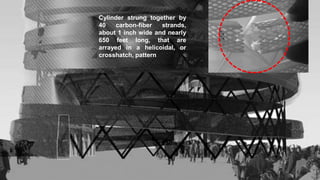 Cylinder strung together by
40 carbon-fiber strands,
about 1 inch wide and nearly
650 feet long, that are
arrayed in a helicoidal, or
crosshatch, pattern
 