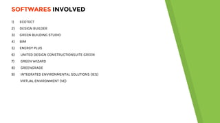 1) ECOTECT
2) DESIGN BUILDER
3) GREEN BUILDING STUDIO
4) BIM
5) ENERGY PLUS
6) UNITED DESIGN CONSTRUCTIONSUITE GREEN
7) GREEN WIZARD
8) GREENGRADE
9) INTEGRATED ENVIRONMENTAL SOLUTIONS (IES)
VIRTUAL ENVIRONMENT (VE)
SOFTWARES INVOLVED
 