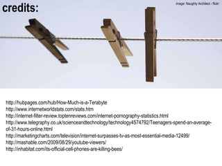 credits: http://hubpages.com/hub/How-Much-is-a-Terabyte http://www.internetworldstats.com/stats.htm http://internet-filter-review.toptenreviews.com/internet-pornography-statistics.html http://www.telegraphy.co.uk/scienceandtechnology/technology4574792/Teenagers-spend-an-average- of-31-hours-online.html http://marketingcharts.com/television/internet-surpasses-tv-as-most-essential-media-12499/ http://mashable.com/2009/08/29/youtube-viewers/ http://inhabitat.com/its-official-cell-phones-are-killing-bees/ image: Naughty Architect - flickr  