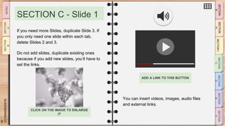 SLIDESMANIA.CO
M
SECTION C - Slide 1
You can insert videos, images, audio files
and external links.
If you need more Slides, duplicate Slide 3. If
you only need one slide within each tab,
delete Slides 2 and 3.
Do not add slides, duplicate existing ones
because if you add new slides, you’ll have to
set the links.
ADD A LINK TO THIS BUTTON
CLICK ON THE IMAGE TO ENLARGE
IT
 