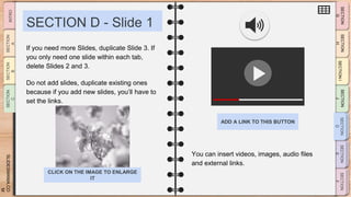 SLIDESMANIA.CO
M
SECTION D - Slide 1
You can insert videos, images, audio files
and external links.
If you need more Slides, duplicate Slide 3. If
you only need one slide within each tab,
delete Slides 2 and 3.
Do not add slides, duplicate existing ones
because if you add new slides, you’ll have to
set the links.
ADD A LINK TO THIS BUTTON
CLICK ON THE IMAGE TO ENLARGE
IT
 