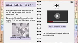 SLIDESMANIA.CO
M
SECTION E - Slide 1
You can insert videos, images, audio files
and external links.
If you need more Slides, duplicate Slide 3. If
you only need one slide within each tab,
delete Slides 2 and 3.
Do not add slides, duplicate existing ones
because if you add new slides, you’ll have to
set the links.
ADD A LINK TO THIS BUTTON
CLICK ON THE IMAGE TO ENLARGE
IT
 