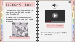 SLIDESMANIA.CO
M
SECTION G – Slide 1
You can insert videos, images, audio files
and external links.
If you need more Slides, duplicate Slide 3. If
you only need one slide within each tab,
delete Slides 2 and 3.
Do not add slides, duplicate existing ones
because if you add new slides, you’ll have to
set the links.
ADD A LINK TO THIS BUTTON
CLICK ON THE IMAGE TO ENLARGE
IT
 