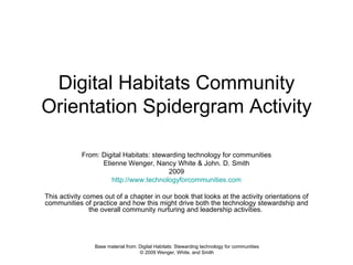 Digital Habitats Community Orientation Spidergram Activity From: Digital Habitats: stewarding technology for communities Etienne Wenger, Nancy White & John. D. Smith 2009 http://www.technologyforcommunities.com This activity comes out of a chapter in our book that looks at the activity orientations of communities of practice and how this might drive both the technology stewardship and the overall community nurturing and leadership activities.  Base material from: Digital Habitats: Stewarding technology for communities © 2009 Wenger, White, and Smith 