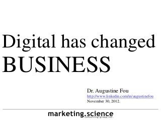 Digital has changed
BUSINESS
          Dr. Augustine Fou
          http://www.linkedin.com/in/augustinefou
          November 30, 2012.
 