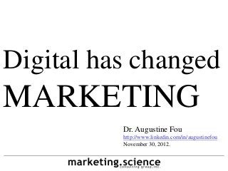 Digital has changed
MARKETING
          Dr. Augustine Fou
          http://www.linkedin.com/in/augustinefou
          November 30, 2012.
 
