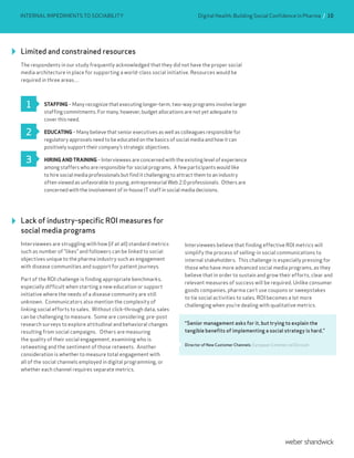 Building Social Confidence in Pharma / 10
Limited and constrained resources
The respondents in our study frequently acknowledged that they did not have the proper social
media architecture in place for supporting a world-class social initiative. Resources would be
required in three areas…
STAFFING – Many recognize that executing longer-term, two-way programs involve larger
staffing commitments. For many, however, budget allocations are not yet adequate to
cover this need.
EDUCATING – Many believe that senior executives as well as colleagues responsible for
regulatory approvals need to be educated on the basics of social media and how it can
positively support their company’s strategic objectives.
HIRING AND TRAINING – Interviewees are concerned with the existing level of experience
among staffers who are responsible for social programs. A few participants would like
to hire social media professionals but find it challenging to attract them to an industry
often viewed as unfavorable to young, entrepreneurial Web 2.0 professionals. Others are
concerned with the involvement of in-house IT staff in social media decisions.
1
2
3
INTERNAL IMPEDIMENTS TO SOCIABILITY
Lack of industry-specific ROI measures for
social media programs
Interviewees are struggling with how (if at all) standard metrics
such as number of ”likes” and followers can be linked to social
objectives unique to the pharma industry such as engagement
with disease communities and support for patient journeys.
Part of the ROI challenge is finding appropriate benchmarks,
especially difficult when starting a new education or support
initiative where the needs of a disease community are still
unknown. Communicators also mention the complexity of
linking social efforts to sales. Without click-through data, sales
can be challenging to measure. Some are considering pre-post
research surveys to explore attitudinal and behavioral changes
resulting from social campaigns. Others are measuring
the quality of their social engagement, examining who is
retweeting and the sentiment of those retweets. Another
consideration is whether to measure total engagement with
all of the social channels employed in digital programming, or
whether each channel requires separate metrics.
Interviewees believe that finding effective ROI metrics will
simplify the process of selling-in social communications to
internal stakeholders. This challenge is especially pressing for
those who have more advanced social media programs, as they
believe that in order to sustain and grow their efforts, clear and
relevant measures of success will be required. Unlike consumer
goods companies, pharma can’t use coupons or sweepstakes
to tie social activities to sales. ROI becomes a lot more
challenging when you’re dealing with qualitative metrics.
“Senior management asks for it, but trying to explain the
tangible benefits of implementing a social strategy is hard.”
Director of New Customer Channels, European Commercial Division
Digital Health: Building Social Confidence in Pharma / 10
 