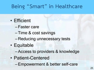 25
• Efficient
–Faster care
–Time & cost savings
–Reducing unnecessary tests
• Equitable
–Access to providers & knowledge
• Patient-Centered
–Empowerment & better self-care
Being “Smart” in Healthcare
 