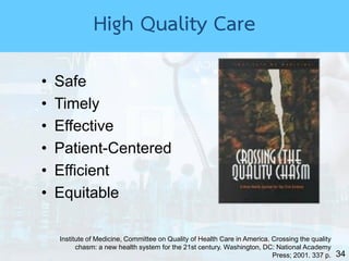 34
• Safe
• Timely
• Effective
• Patient-Centered
• Efficient
• Equitable
Institute of Medicine, Committee on Quality of Health Care in America. Crossing the quality
chasm: a new health system for the 21st century. Washington, DC: National Academy
Press; 2001. 337 p.
High Quality Care
 