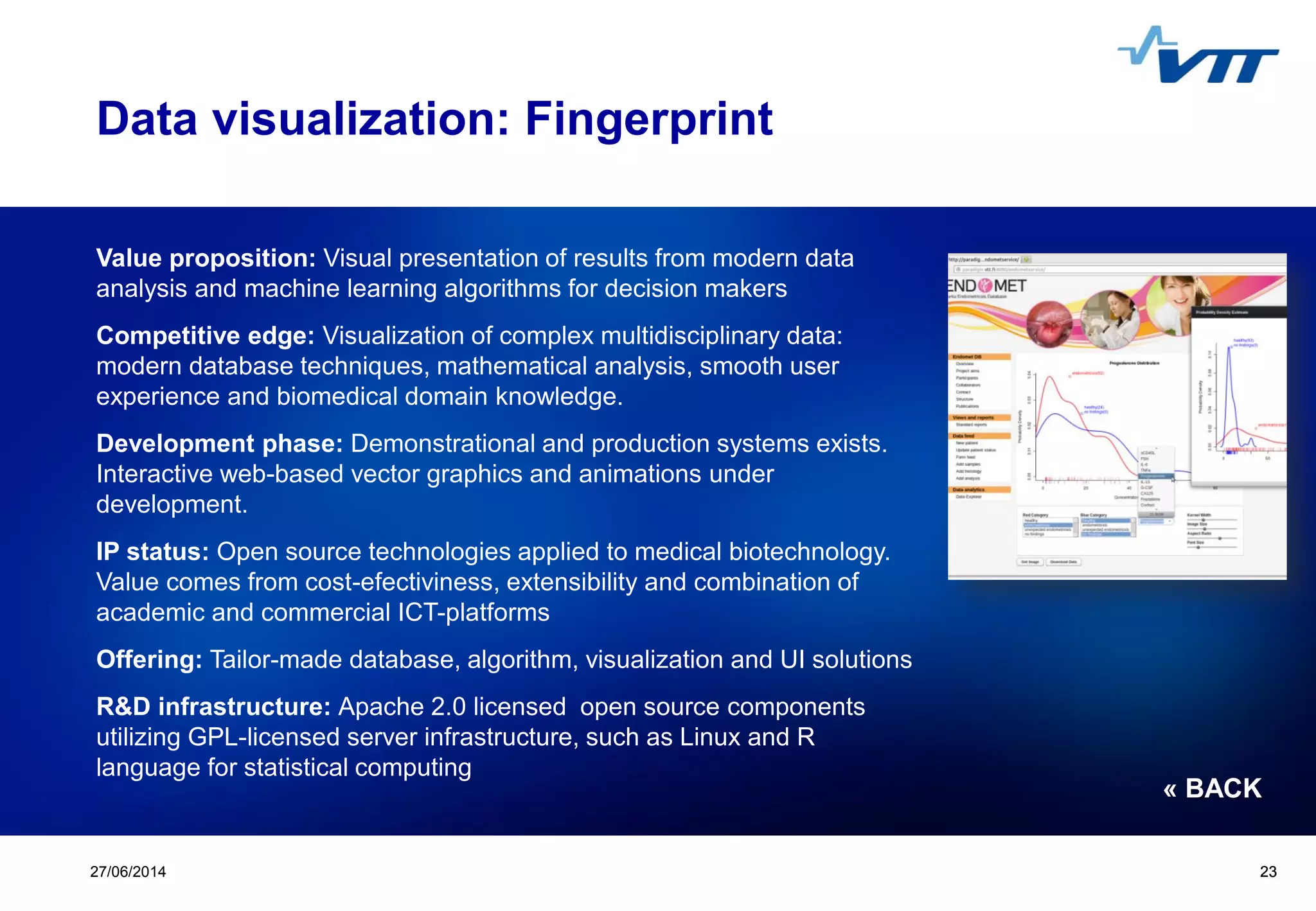 Click to edit Master title style
 Click to edit Master text styles
 Second level
 Third level
 Fourth level
 Fifth level
2327/06/2014 23
Data visualization: Fingerprint
Value proposition: Visual presentation of results from modern data
analysis and machine learning algorithms for decision makers
Competitive edge: Visualization of complex multidisciplinary data:
modern database techniques, mathematical analysis, smooth user
experience and biomedical domain knowledge.
Development phase: Demonstrational and production systems exists.
Interactive web-based vector graphics and animations under
development.
IP status: Open source technologies applied to medical biotechnology.
Value comes from cost-efectiviness, extensibility and combination of
academic and commercial ICT-platforms
Offering: Tailor-made database, algorithm, visualization and UI solutions
R&D infrastructure: Apache 2.0 licensed open source components
utilizing GPL-licensed server infrastructure, such as Linux and R
language for statistical computing
« BACK
 