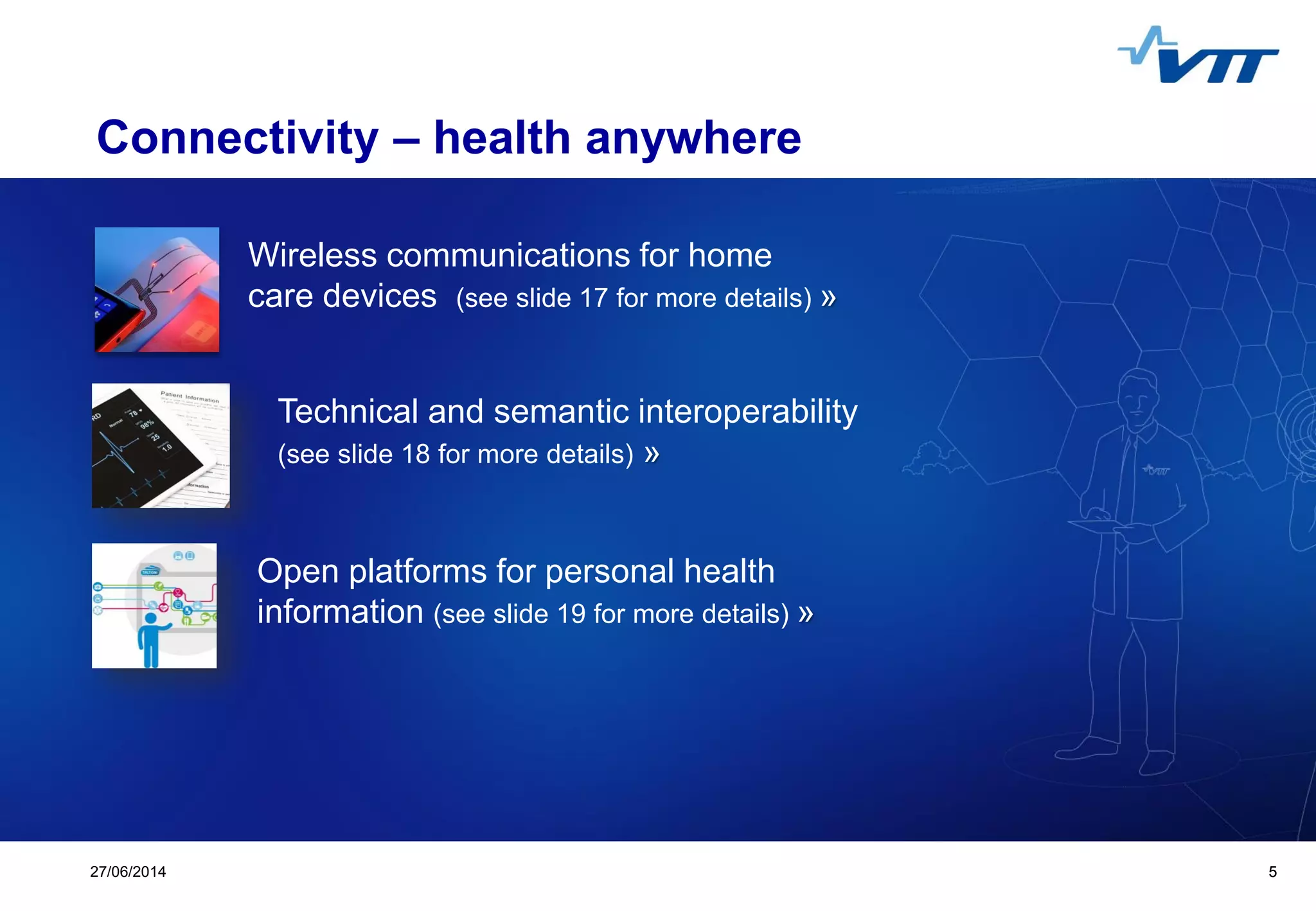 Click to edit Master title style
 Click to edit Master text styles
 Second level
 Third level
 Fourth level
 Fifth level
527/06/2014 5
Connectivity – health anywhere
Technical and semantic interoperability
(see slide 18 for more details) »
Open platforms for personal health
information (see slide 19 for more details) »
Wireless communications for home
care devices (see slide 17 for more details) »
 