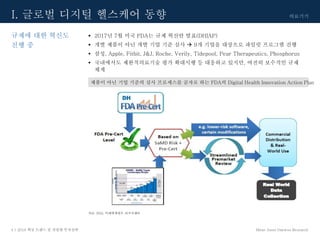 의료기기
Mirae Asset Daewoo Research4 | 2018 핵심 트렌드 및 산업별 투자전략
• 2017년 7월 미국 FDA는 규제 혁신안 발표(DHIAP)
• 개별 제품이 아닌 개별 기업 기준 심사  9개 기업을 대상으로 파일럿 프로그램 진행
• 삼성, Apple, Fitbit, J&J, Roche, Verily, Tidepool, Pear Therapeutics, Phosphorus
• 국내에서도 제한적의료기술 평가 확대시행 등 대응하고 있지만, 여전히 보수적인 규제
체계
규제에 대한 혁신도
진행 중
I. 글로벌 디지털 헬스케어 동향
제품이 아닌 기업 기준의 심사 프로세스를 골자로 하는 FDA의 Digital Health Innovation Action Plan
자료: FDA, 미래에셋대우 리서치센터
 