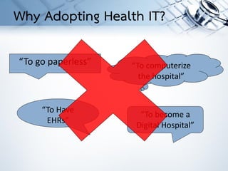 “To computerize
the hospital”
“To go paperless”
“To become a
Digital Hospital”
“To Have
EHRs”
Why Adopting Health IT?
 