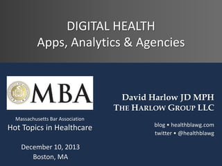 DIGITAL HEALTH
Apps, Analytics & Agencies

David Harlow JD MPH
THE HARLOW GROUP LLC
Massachusetts Bar Association

Hot Top...