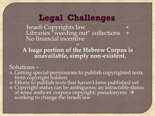 Israeli Copyrights law              +
        Libraries “weeding out” collections +
        No financial incentive
                           =
       A huge portion of the Hebrew Corpus is
           unavailable, simply non-existent.
Solutions –
   Getting special permissions to publish copyrighted texts
    from copyright holders
   Efforts to publish texts that haven’t been published yet
   Copyright status can be ambiguous; an intractable status
    of some authors’ corpora copyright; pseudonyms 
    working to change the Israeli law
 