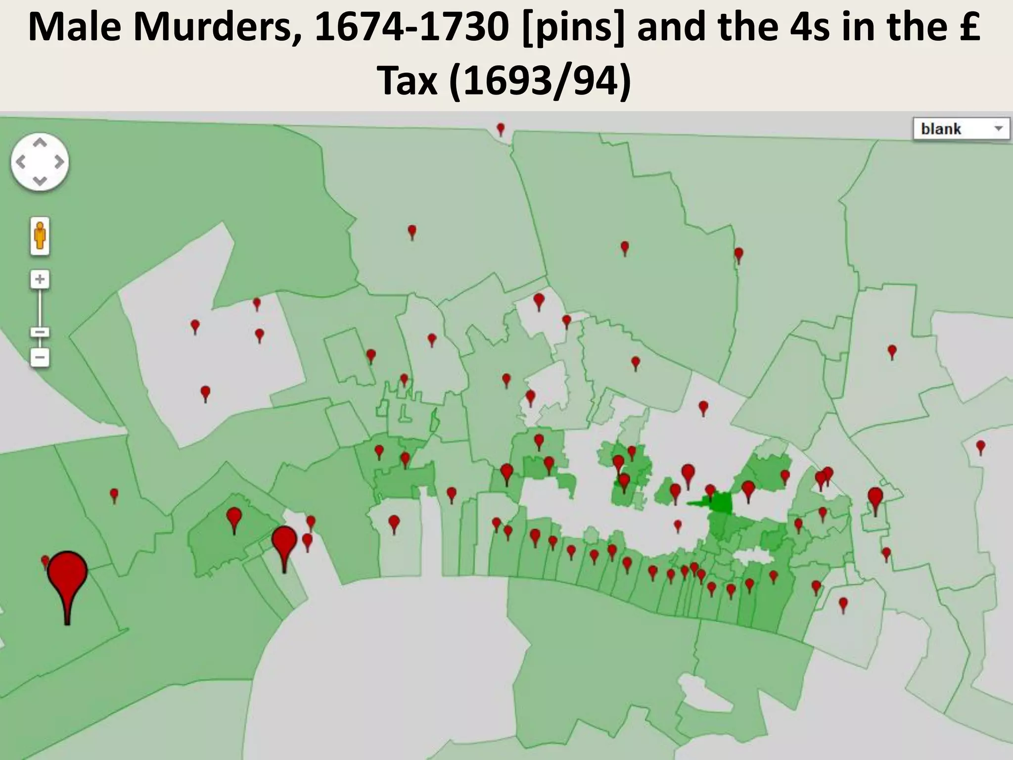 Male Murders, 1674-1730 [pins] and the 4s in the £
Tax (1693/94)
 
