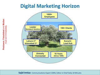Digital Marketing Horizon 
Leader 
Genetech Solution 
1000+ 
Employees 
Lahore 2nd 
Islamabad 3rd 
Globally 
Connected 
150+ Clients 
Karachi 
Lead Hub 
16 Years 
(Since 1998) 
Sajid Imtiaz: Communications Expert CDKN, Editor in Chief Daily 10 Minutes 
Peshawar, Faisalabad and Multan 
must act immediately. 
