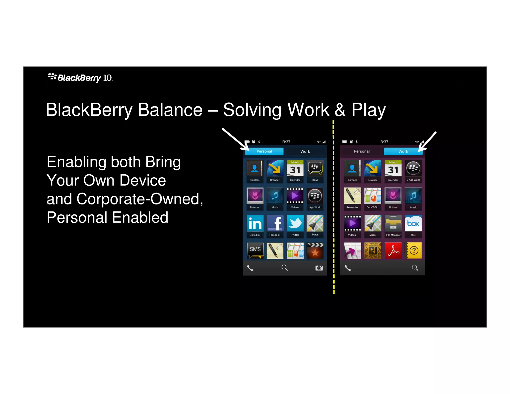 BlackBerry Balance – Solving Work & Play

Enabling both Bring
Your Own Device
and Corporate-Owned,
Personal Enabled
 