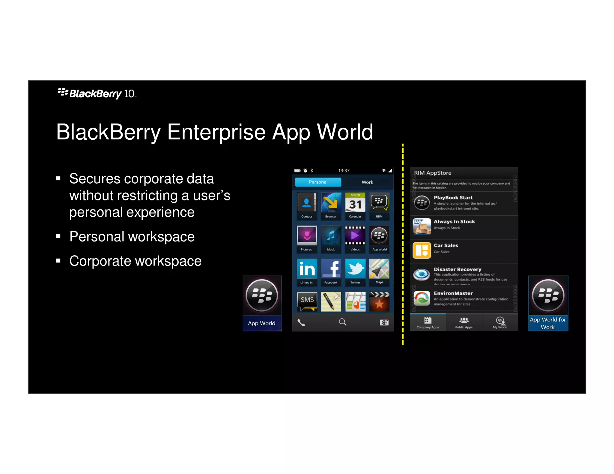 BlackBerry Enterprise App World

 Secures corporate data
 without restricting a user’s
 personal experience
 Personal workspace
 Corporate workspace
 