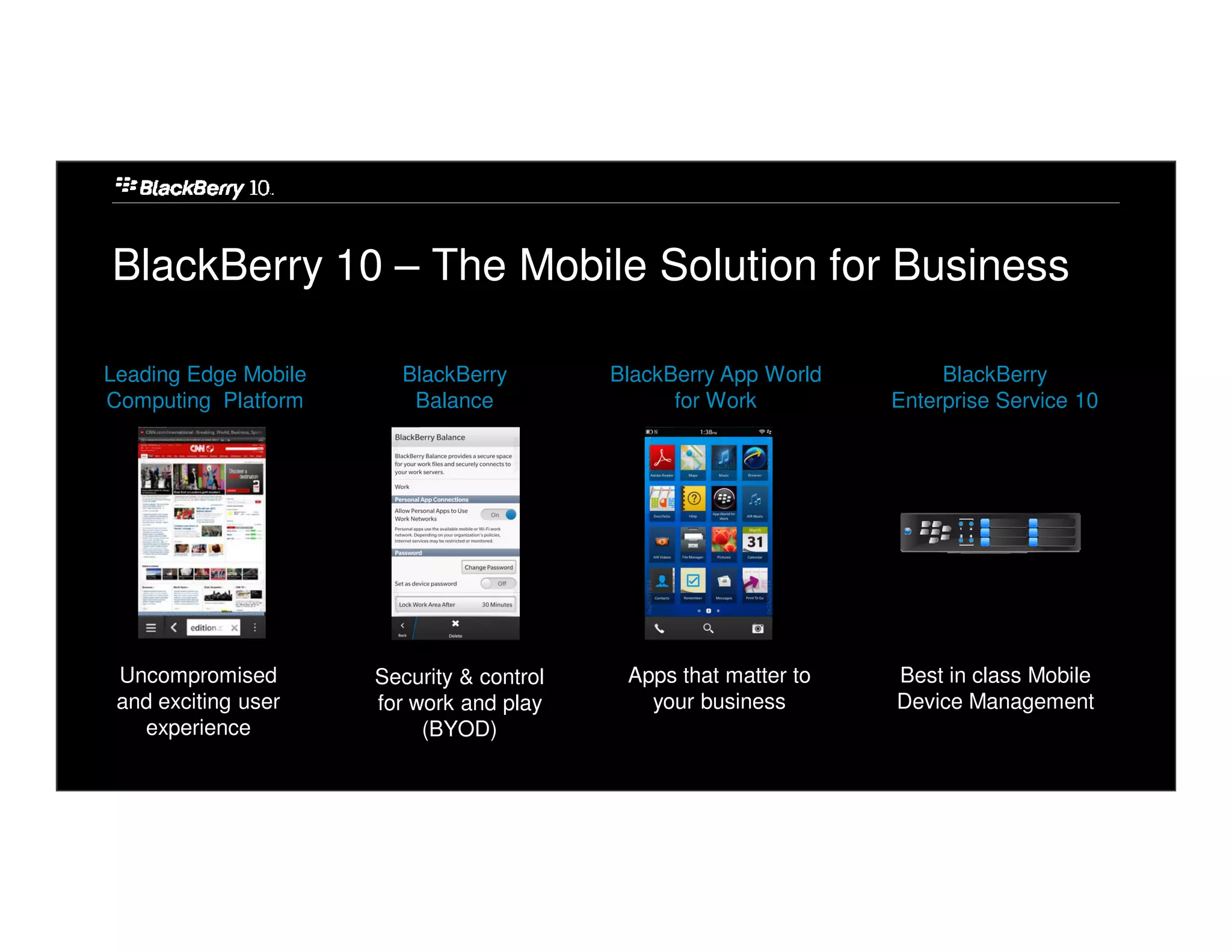 BlackBerry 10 – The Mobile Solution for Business

Leading Edge Mobile     BlackBerry         BlackBerry App World        BlackBerry
Computing Platform       Balance                 for Work         Enterprise Service 10




 Uncompromised        Security & control    Apps that matter to   Best in class Mobile
 and exciting user    for work and play       your business       Device Management
   experience              (BYOD)
 