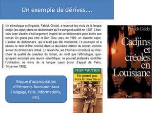 Un exemple de dérives….
Risque d’appropriation
d’éléments fondamentaux
(langage, faits, informations,
etc).
 