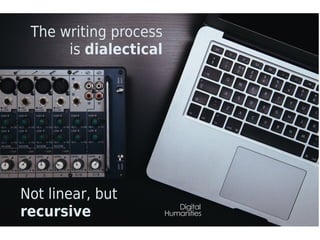 Digital 
Humanities 
The writing process 
is dialectical 
! 
Not linear, but 
recursive 
 