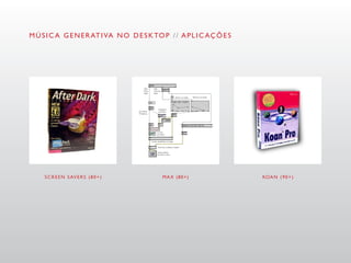 M Ú S I C A G E N E R AT I VA N O D E S K TO P / / A P L I C AÇ Õ E S




     S C R E E N S AV E R S ( 8 0 + )        MAX (80+)                  KOA N ( 9 0 + )
 