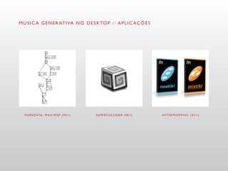 M Ú S I C A G E N E R AT I VA N O D E S K TO P / / A P L I C AÇ Õ E S




  P U R E DATA , M A X / M S P ( 9 0 + )   SUPERCOLLIDER (96+)          INTERMORPHIC (07+)
 