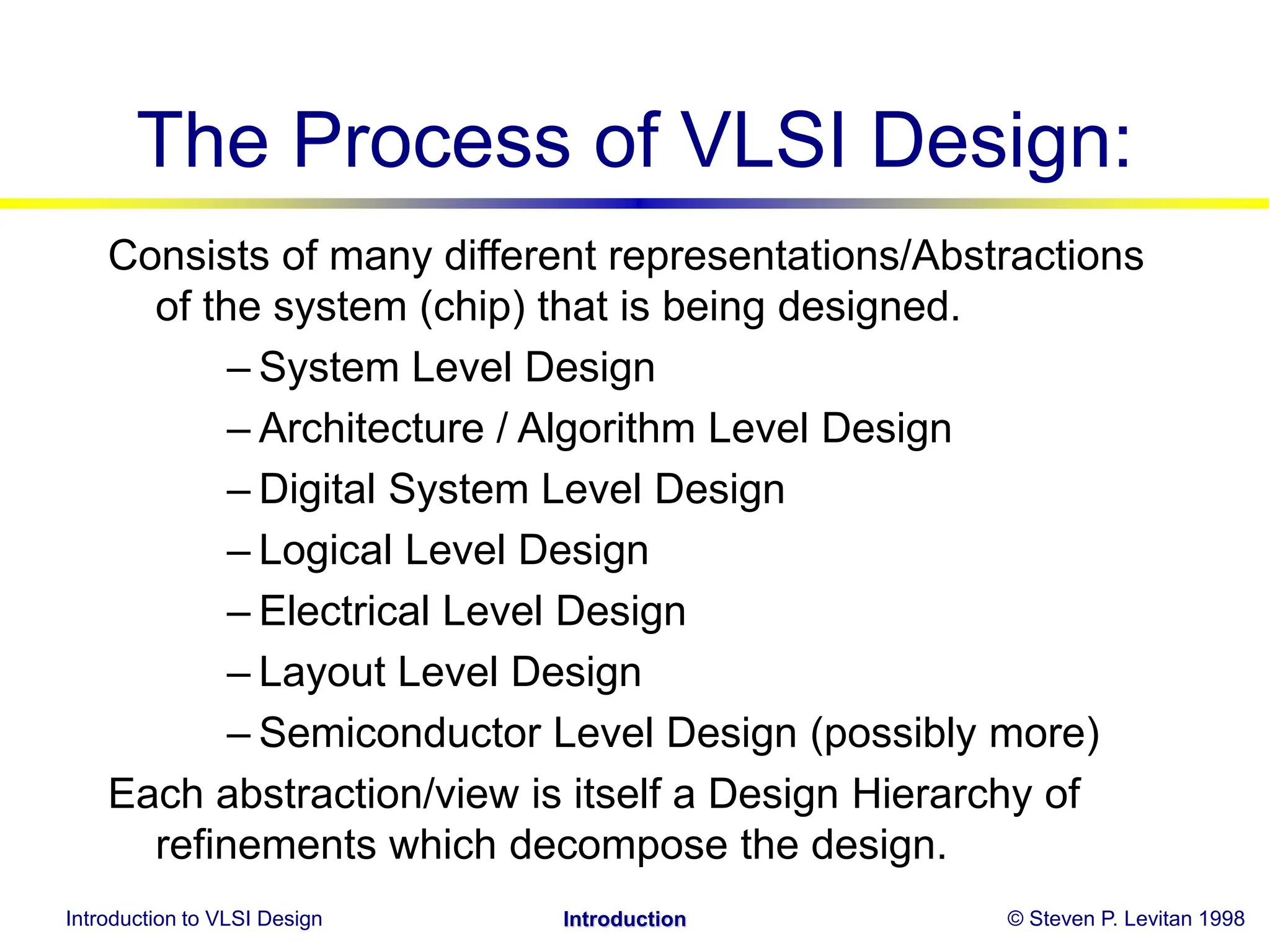 Introduction to VLSI Design © Steven P. Levitan 1998
Introduction
The Process of VLSI Design:
Consists of many different representations/Abstractions
of the system (chip) that is being designed.
– System Level Design
– Architecture / Algorithm Level Design
– Digital System Level Design
– Logical Level Design
– Electrical Level Design
– Layout Level Design
– Semiconductor Level Design (possibly more)
Each abstraction/view is itself a Design Hierarchy of
refinements which decompose the design.
 