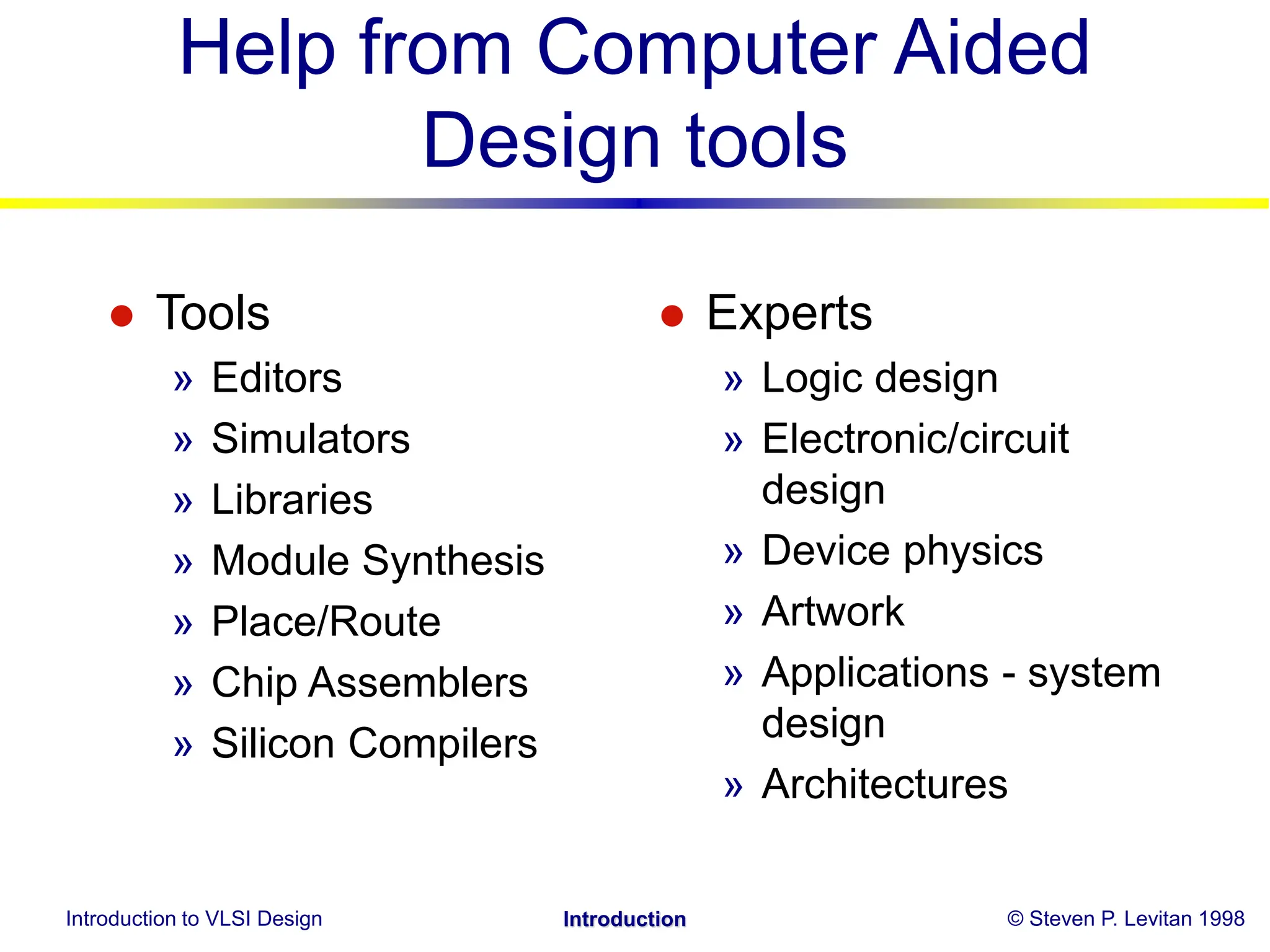 Introduction to VLSI Design © Steven P. Levitan 1998
Introduction
Help from Computer Aided
Design tools
 Tools
» Editors
» Simulators
» Libraries
» Module Synthesis
» Place/Route
» Chip Assemblers
» Silicon Compilers
 Experts
» Logic design
» Electronic/circuit
design
» Device physics
» Artwork
» Applications - system
design
» Architectures
 