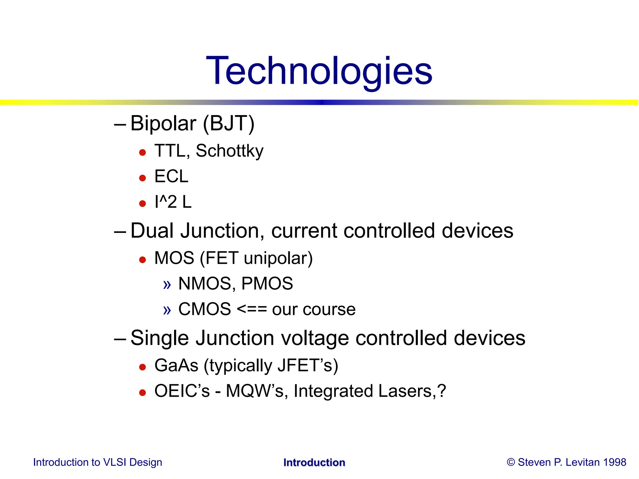 Introduction to VLSI Design © Steven P. Levitan 1998
Introduction
Technologies
– Bipolar (BJT)
 TTL, Schottky
 ECL
 I^2 L
– Dual Junction, current controlled devices
 MOS (FET unipolar)
» NMOS, PMOS
» CMOS <== our course
– Single Junction voltage controlled devices
 GaAs (typically JFET’s)
 OEIC’s - MQW’s, Integrated Lasers,?
 