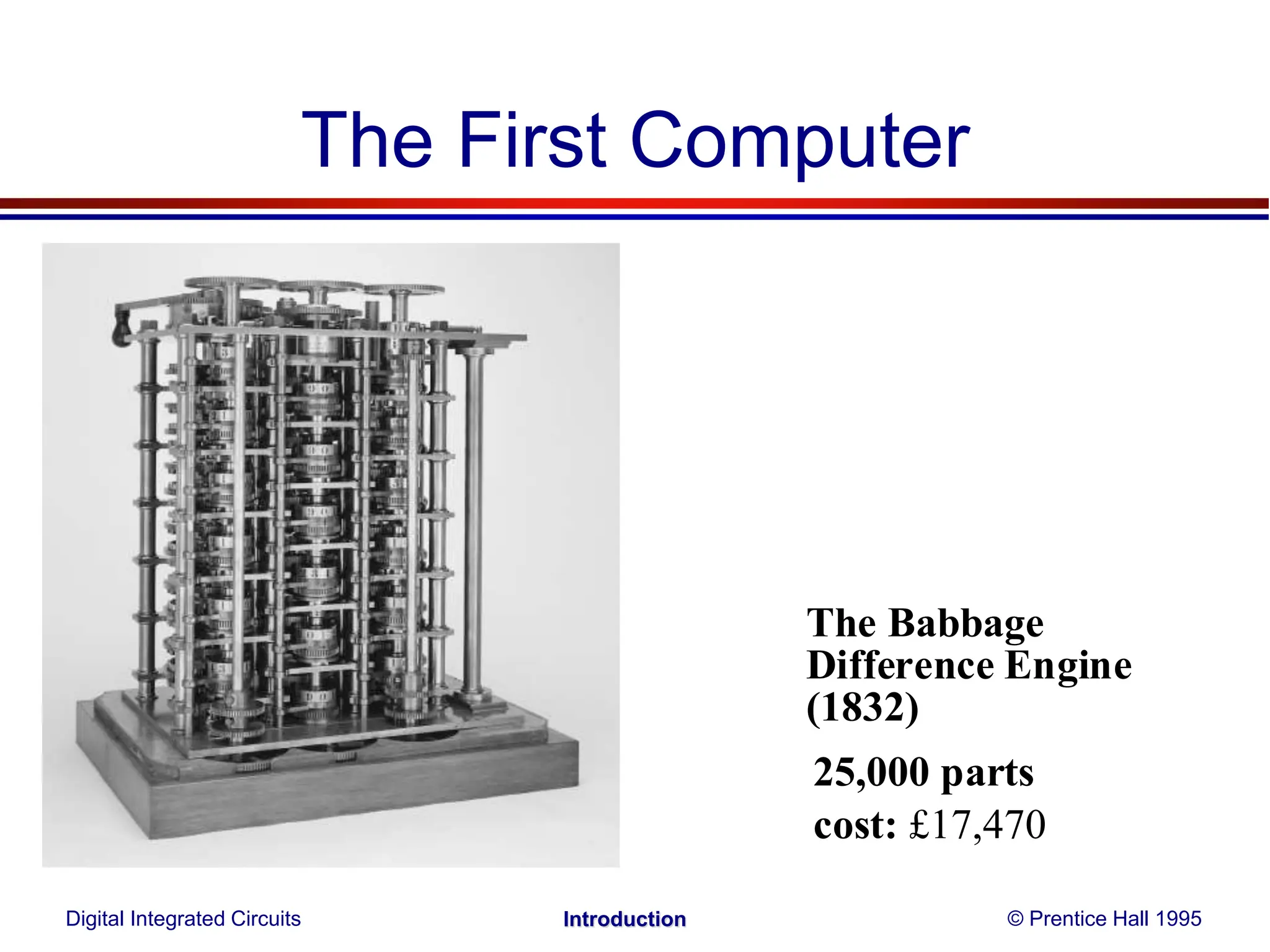 The First Computer
The Babbage
Difference Engine
(1832)
25,000 parts
cost: £17,470
Digital Integrated Circuits © Prentice Hall 1995
Introduction
 