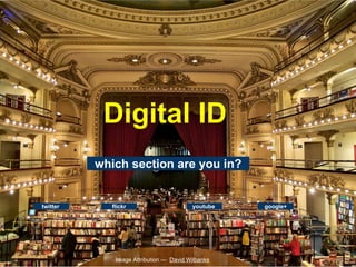 Digital ID
           which section are you in?


twitter      flickr                      youtube    google+




              Image Attribution — David Wilbanks
 