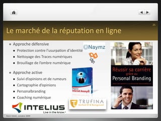 Le marché de la réputation en ligneApproche défensive Protection contre l’usurpation d’identitéNettoyage des Traces numériquesBrouillage de l’ombre numériqueApproche activeSuivi d’opinions et de rumeursCartographie d’opinionsPersonalbrandingCoaching numériqueHenri ISAAC, octobre 200925