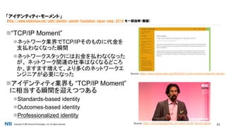 Copyright © NRI SecureTechnologies, Ltd. All rights reserved. 33
“TCP/IP Moment”
ネットワーク業界でTCP/IPそのものに代金を
支払わなくなった瞬間
ネットワークスタックにはお金を払わなくなった
が、 ネットワーク関連の仕事はなくなるどころ
か、ますます増えて、より多くのネットワークエ
ンジニアが必要になった
アイデンティティ業界も “TCP/IP Moment”
に相当する瞬間を迎えつつある
Standards-based identity
Outcomes-based identity
Professionalized identity
「アイデンティティ・モーメント」
(http://www.slideshare.net/oidfj/identity-openid-foundation-japan-eiwg-2016 を一部抜粋・翻案)
Source: https://www.kuppingercole.com/watch/eic16_keynote_glazer
Source: https://www.tuesdaynight.org/2016/05/11/the-moments-ahead-for-identity/
 