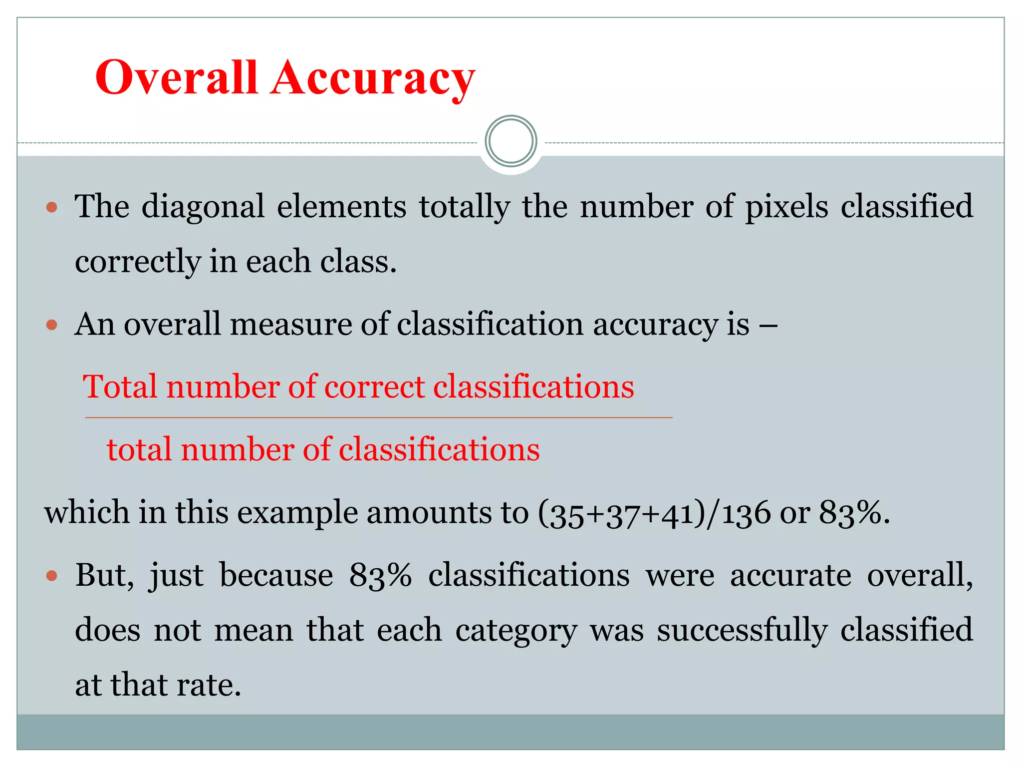 Overall Accuracy
 The diagonal elements totally the number of pixels classified
correctly in each class.
 An overall measure of classification accuracy is –
Total number of correct classifications
total number of classifications
which in this example amounts to (35+37+41)/136 or 83%.
 But, just because 83% classifications were accurate overall,
does not mean that each category was successfully classified
at that rate.
 