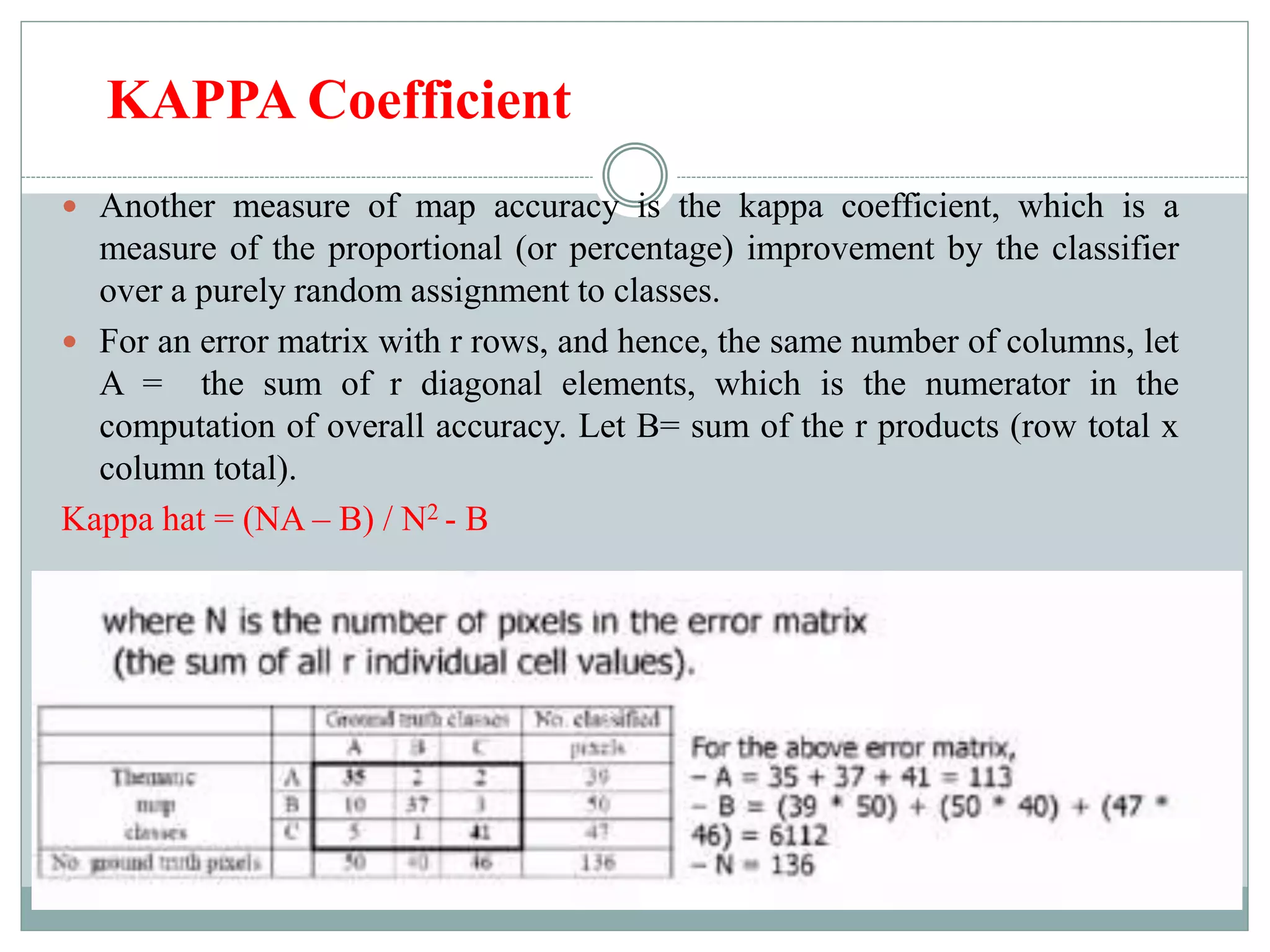 KAPPA Coefficient
 Another measure of map accuracy is the kappa coefficient, which is a
measure of the proportional (or percentage) improvement by the classifier
over a purely random assignment to classes.
 For an error matrix with r rows, and hence, the same number of columns, let
A = the sum of r diagonal elements, which is the numerator in the
computation of overall accuracy. Let B= sum of the r products (row total x
column total).
Kappa hat = (NA – B) / N2 - B
 