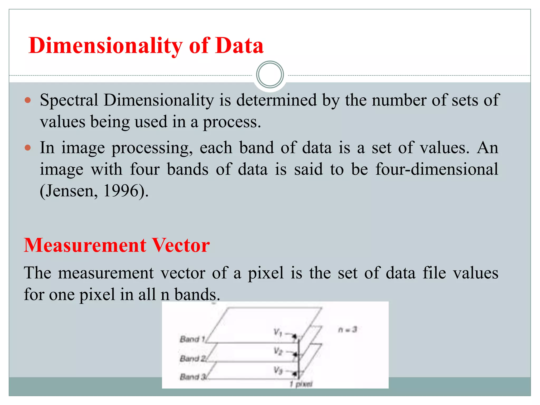 Dimensionality of Data
 Spectral Dimensionality is determined by the number of sets of
values being used in a process.
 In image processing, each band of data is a set of values. An
image with four bands of data is said to be four-dimensional
(Jensen, 1996).
Measurement Vector
The measurement vector of a pixel is the set of data file values
for one pixel in all n bands.
 