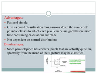 Advantages:
 Fast and simple.
 Gives a broad classification thus narrows down the number of
possible classes to which each pixel can be assigned before more
time consuming calculations are made.
 Not dependent on normal distributions
Disadvantages:
 Since parallelepiped has corners, pixels that are actually quite far,
spectrally from the mean of the signature may be classified.
 