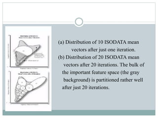 (a) Distribution of 10 ISODATA mean
vectors after just one iteration.
(b) Distribution of 20 ISODATA mean
vectors after 20 iterations. The bulk of
the important feature space (the gray
background) is partitioned rather well
after just 20 iterations.
 